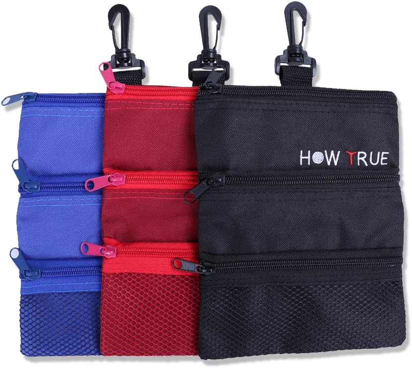 3 Pcs Golf Tee Pouch Golf Tee/Ball Bag with Clip Golf Multi-Pocket Tote Hand Bag Valuables Pouch