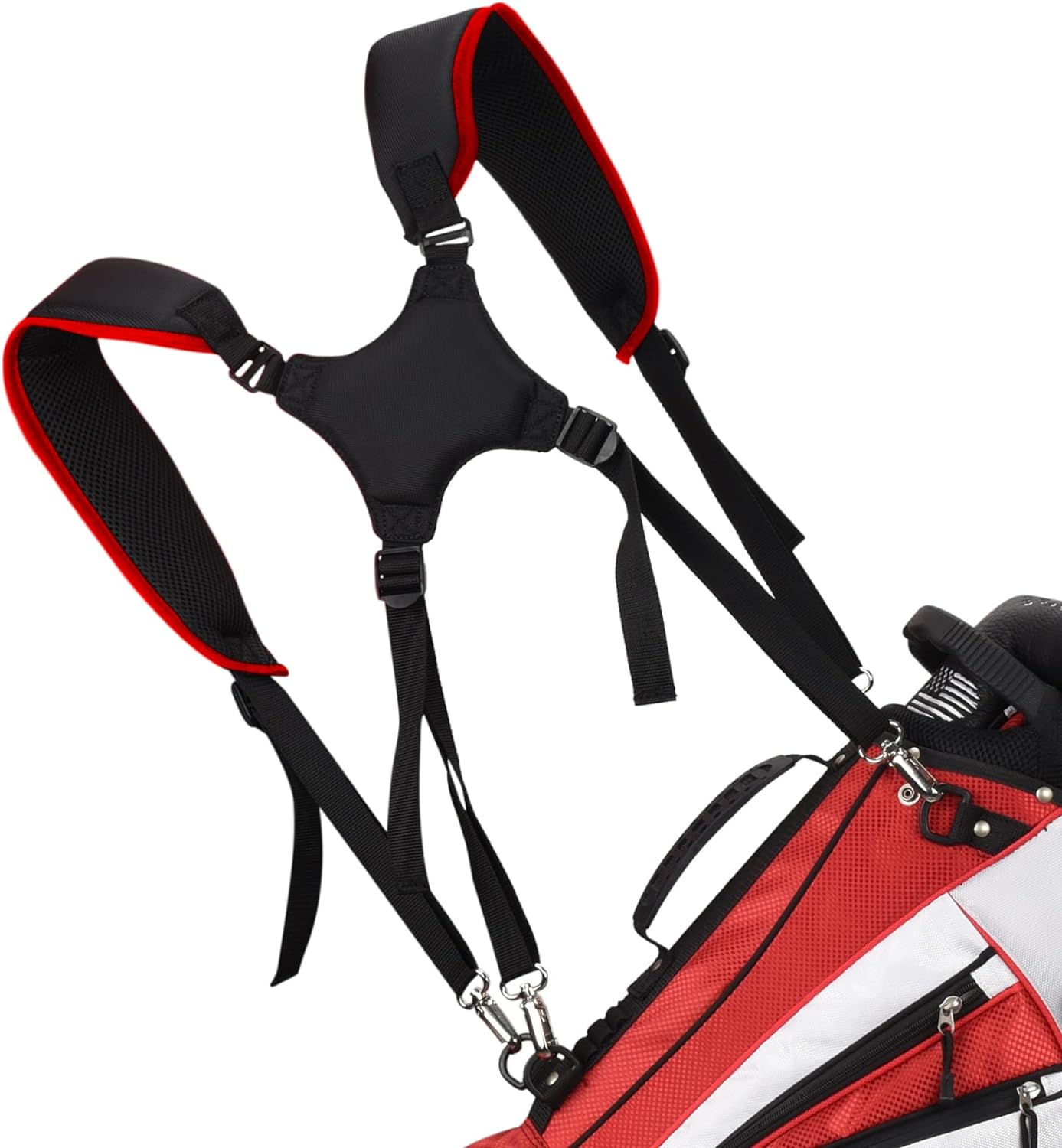 BIG TEETH Golf Bag Strap,Adjustable Padded Bag Strap Replacement,Golf Double Shoulder Bag Straps with Rotate Metal Hooks for Golf Bag with 4 D-Rings (Red & Black)