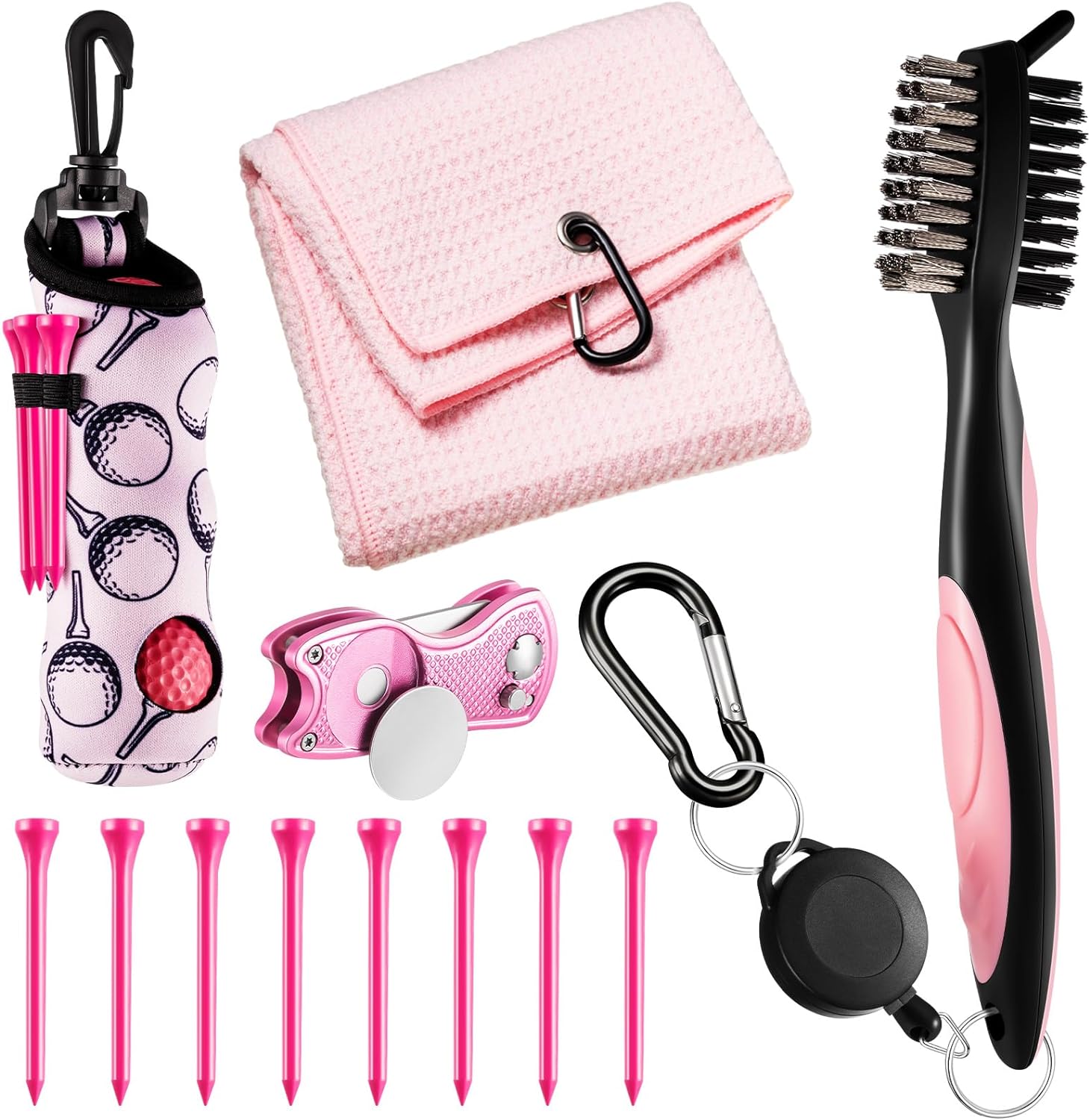 12 Pcs Pink Golf Accessories Kit, Include Pink Golf Tees Golf Towel Golf Ball Bag with Hook Cleaner Brush Divot Tool with Magnetic Ball Marker for Women Ladies Golf Gifts