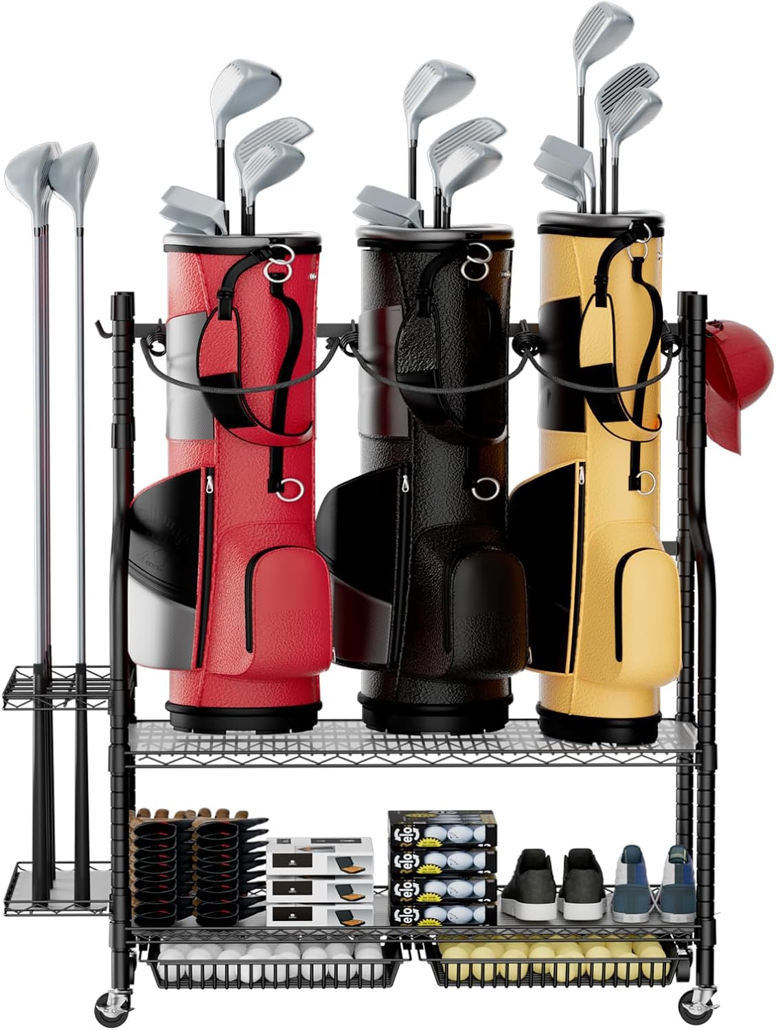 3 Golf Bag Storage Garage Organizer, Golf Bag Stand Fit for 3 Golf Bags and Golf Equipment Accessories, Golf Bag Storage Rack with Wheels & Elastic Ropes for Garage, Club and Shed, Black