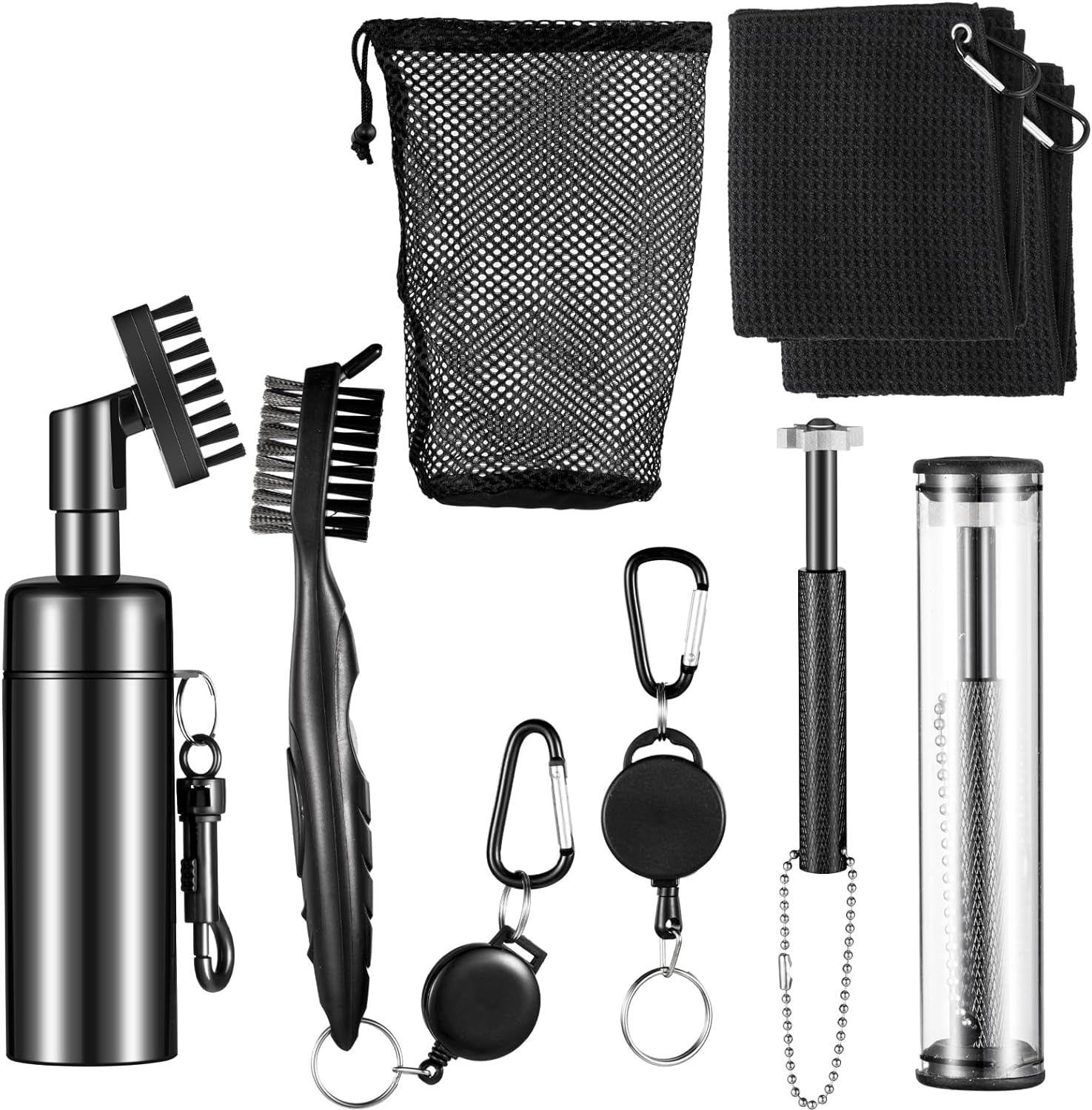 7 Pcs Golf Club Cleaner Kit Includes Golf Club Cleaner Squeeze Bottle Brush All in One Golf Clean Tool with Retractable Zip Line Clip Groove Sharpener with 6 Heads Golf Towel Golf Ball Mesh Bag