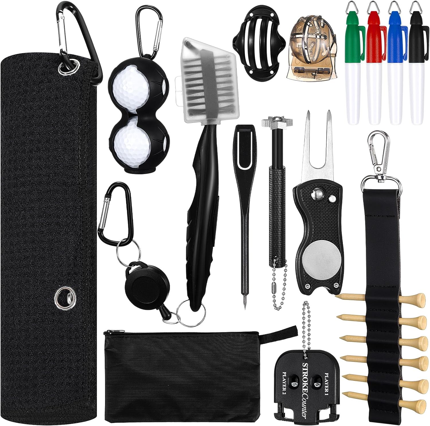 21 Pcs Golf Club Cleaning Kit Golf Accessories Golf Cleaning Brush, Towel, Groove Sharpener, Divot Repair Tool, Golf Ball Alignment Kit Portable Golf Brush Tool Kit for Men or Women