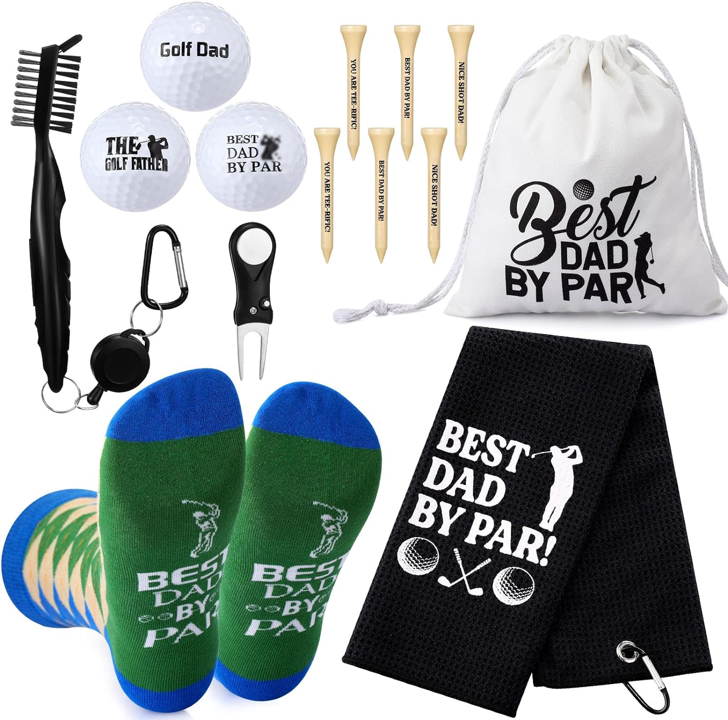 14 Pcs Golf Gifts Set for Men Golf Balls Tees Towel Brush Divot Repair Tool Socks Bags Best Dad by Par Golf Accessories for Father's Day Birthday