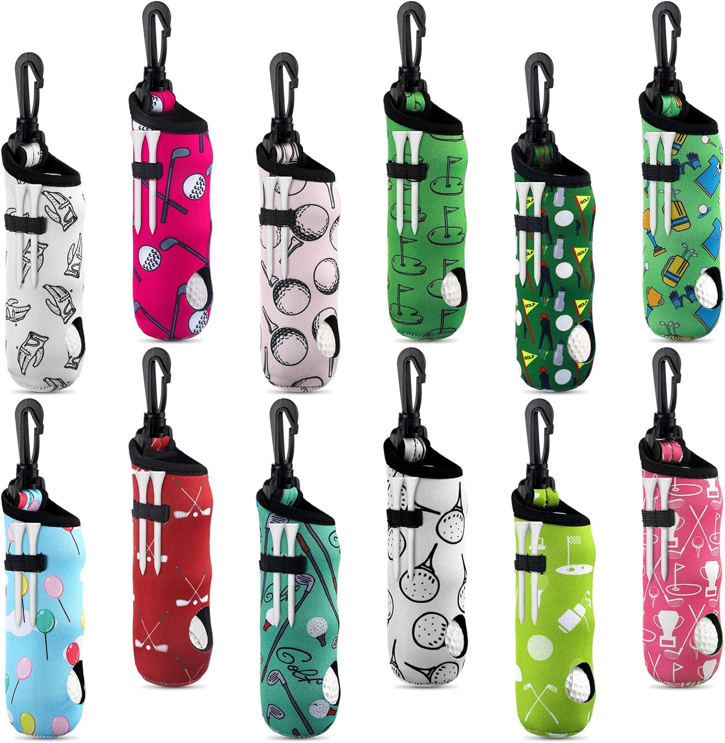 Bencailor 12 Pcs Golf Ball Tee Holder Neoprene Golf Ball Pouch Golf Ball Carry Bag Portable Neoprene Golf Accessories for Women Keychain Belt Clip Golf Ball Bag Gifts Girls Ladies Golfer