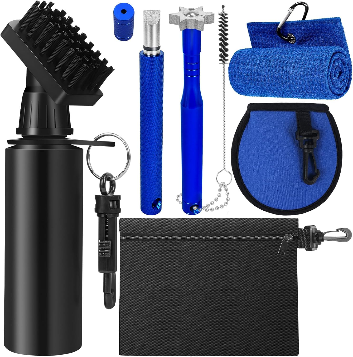 7 in 1 Golf Club Cleaning Kit, 2 Golf Club Groove Sharpener for U & V-Grooves, Golf Club Brush Cleaner, Golf Towel, Golf Ball Washer Pouch and Golf Tee Pouch, Golf Accessories for Men or Women